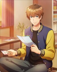 Rule 34 | 1boy, black shirt, blue eyes, blush, brown hair, buttons, card, crossed legs, fingernails, green eyes, hair between eyes, heterochromia, holding, holding card, idolmaster, idolmaster side-m, idolmaster side-m growing stars, jacket, long sleeves, mail, male focus, mole, mole under eye, official art, open clothes, open jacket, pants, plant, shirt, smile, solo, table, takajo kyoji