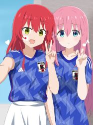 Rule 34 | 2022 fifa world cup, 2girls, :d, alternate costume, blue eyes, blue shirt, bocchi the rock!, closed mouth, dars (recolors), gotoh hitori, green eyes, heart, highres, japanese flag, kita ikuyo, multiple girls, musical note, open mouth, pink hair, red hair, selfie, shirt, short sleeves, smile, soccer uniform, sportswear, v, world cup