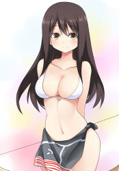 Rule 34 | 10s, 1girl, akagi (kancolle), alternate costume, arms behind back, bad id, bad pixiv id, bikini, blush, bow (weapon), breasts, brown eyes, brown hair, kantai collection, large breasts, long hair, looking at viewer, navel, revision, sarong, smile, solo, swimsuit, weapon, white bikini, yostxxx