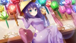 Rule 34 | 1girl, aqua eyes, blue hair, bra, breasts, chair, cleavage, closed mouth, curtains, dot nose, dress, film grain, from below, game cg, hand on headwear, hat, honjou kasumi, indoors, izumi tsubasu, lens flare, long sleeves, medium breasts, medium hair, non-web source, object request, official art, polka dot, purple dress, re:stage!, rice hat, see-through, see-through cleavage, see-through dress, smile, solo, sparkle, underwear, vietnamese dress, white bra, window blinds