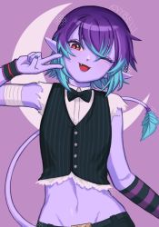 Rule 34 | 1other, androgynous, bandages, blue hair, colored skin, demon, demon tail, highres, indie virtual youtuber, knybelle, mimcubus, multicolored hair, nail polish, one eye closed, pointy ears, purple hair, purple skin, red eyes, tail, v, virtual youtuber