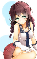 Rule 34 | 10s, 1girl, blush, braid, breasts, brown hair, cleavage, collarbone, gloves, green eyes, highres, kantai collection, large breasts, long hair, mizushina minato, necktie, noshiro (kancolle), open mouth, personification, skirt, sleeveless, solo, twin braids, white gloves