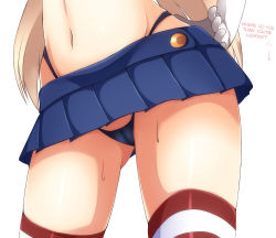 Rule 34 | 10s, 1girl, black panties, blonde hair, cameltoe, cleft of venus, close-up, contrapposto, female focus, gloves, hard-translated, highleg, highres, kantai collection, long hair, microskirt, navel, panties, shimakaze (kancolle), skirt, solo, striped legwear, sweat, third-party edit, translated, underwear, waist down, white background, white gloves, zack (haiuinndo)