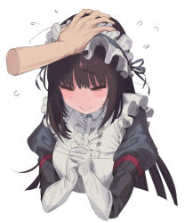 Rule 34 | 1boy, 1girl, black hair, blush, center frills, closed eyes, cropped torso, flying sweatdrops, frilled hairband, frills, full-face blush, gloves, hairband, headpat, highres, last origin, long hair, long sleeves, maid, mel (dodosae), own hands together, puffy long sleeves, puffy sleeves, scissors lise, simple background, sweatdrop, upper body, wavy mouth, white background, white gloves