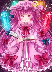 Rule 34 | 1girl, blush, book, closed mouth, cowboy shot, crescent, crescent hat ornament, dress, expressionless, hat, hat ornament, holding, holding book, jaku sono, long dress, long hair, looking at viewer, mob cap, patchouli knowledge, purple eyes, purple hair, sidelocks, solo, striped clothes, striped dress, touhou, vertical-striped clothes, vertical-striped dress