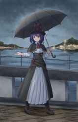 1girl absurdres alternate_costume black_capelet black_dress black_footwear black_umbrella bow capelet closed_mouth dress full_body hat hat_bow hatoman_(ytef4434) highres holding holding_umbrella long_sleeves nagae_iku outdoors rain red_bow red_eyes sky solo touhou umbrella