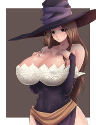 Rule 34 | 1girl, bare shoulders, bisco (letitbleed), blush, border, breast suppress, breasts, brown background, cleavage, covered navel, cowboy shot, curvy, dragon&#039;s crown, dress, facing viewer, hat, highres, huge breasts, looking at viewer, no bra, outside border, pelvic curtain, purple dress, purple hat, solo, sorceress (dragon&#039;s crown), standing, strapless, strapless dress, vanillaware, white border, witch hat
