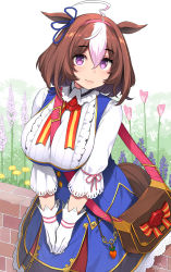 Rule 34 | 1girl, @ @, ahoge, animal ears, bag, between breasts, breasts, brown hair, center frills, commentary request, dated, flower, frills, gloves, hair between eyes, hairband, happa (cloverppd), highres, horse ears, horse girl, horse tail, large breasts, long sleeves, looking at viewer, medium hair, multicolored hair, outdoors, pink hairband, purple eyes, signature, smile, solo, special week (umamusume), strap between breasts, tail, two-tone hair, umamusume, v arms, white gloves, white hair
