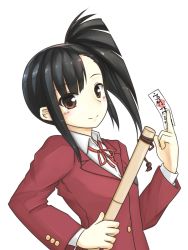 Rule 34 | 1girl, black hair, brown eyes, long hair, mahou sensei negima!, ofuda, rainforce, sakurazaki setsuna, school uniform, side ponytail, sword, weapon