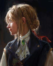 Rule 34 | 1girl, absurdres, ascot, blonde hair, braid, brooch, colored eyelashes, crown braid, elvafirst, french braid, highres, jewelry, lips, looking away, painterly, portrait, realistic, red ribbon, ribbon, solo, upper body, violet evergarden, violet evergarden (series)