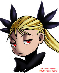 Rule 34 | 1girl, artist name, black bow, black ribbon, blonde hair, bow, closed mouth, colorized, dance in the vampire bund, eyelashes, female focus, hair ornament, half-closed eyes, high collar, long hair, looking at viewer, mina tepes, neck, parted bangs, red eyes, ribbon, simple background, smile, smirk, smug, standing, tamaki nozomu, twintails, upper body, v-shaped eyebrows, vampire, walkingdeadmann, white background