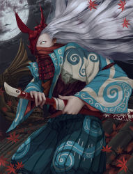 Rule 34 | bird, cloud, fighting stance, green eyes, highres, horns, japanese clothes, leaf, long hair, male focus, mask, moon, night, original, ready to draw, scabbard, scarf, sheath, sheathed, shita to hidari, silver hair, slit pupils, statue