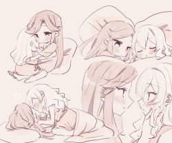 Rule 34 | 2girls, blush, chibi, closed eyes, hands on another&#039;s face, heart, hug, kiss, long hair, looking at another, monochrome, multiple girls, open mouth, pillow, saijou claudine, sepia, shoujo kageki revue starlight, simple background, sleeping, smile, straddling, tendou maya, under covers, wato ko25, yuri