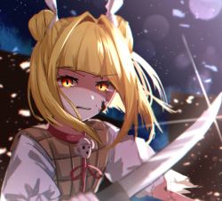 Rule 34 | 1girl, arms up, blonde hair, bow, building, city, closed mouth, double bun, dress, dress bow, hair bun, hair ribbon, hands up, haniwa (statue), highres, joutouguu mayumi, light, looking at viewer, mozuno (mozya 7), multicolored eyes, night, night sky, one-hour drawing challenge, puffy short sleeves, puffy sleeves, red bow, red eyes, ribbon, shadow, short hair, short sleeves, sky, skyscraper, solo, sword, teeth, touhou, weapon, white ribbon, white sleeves, yellow dress, yellow eyes