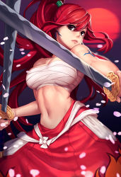 Rule 34 | 1girl, breasts, cherry blossoms, dual wielding, earrings, erza scarlet, fairy tail, female focus, hakama, hakama skirt, holding, japanese clothes, jewelry, lucidsky, midriff, petals, ponytail, ramen (aquare9ia), ramen (artist), red hair, sarashi, skirt, solo, sword, tattoo, weapon