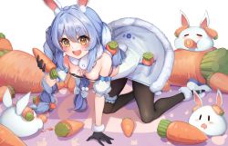 Rule 34 | 1girl, absurdres, all fours, animal ear fluff, animal ears, bad id, bad pixiv id, bare shoulders, black gloves, black pantyhose, blue hair, braid, breasts, carrot, carrot hair ornament, chirang, commentary request, eating, food-themed hair ornament, fur trim, gloves, hair ornament, highres, hololive, long hair, multicolored hair, open mouth, orange eyes, pantyhose, pekomon (usada pekora), rabbit ears, rabbit girl, rabbit tail, small breasts, smile, tail, thick eyebrows, twin braids, two-tone hair, usada pekora, usada pekora (1st costume), virtual youtuber, white hair