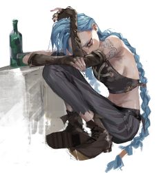 Rule 34 | 1girl, absurdres, arcane: league of legends, bare shoulders, bottle, braid, breasts, brown footwear, cloud tattoo, from side, green hair, grey background, grey pants, hand up, highres, jinx (league of legends), knees up, league of legends, long hair, looking at viewer, medium breasts, nenem (kimnenemmm art), pants, shoes, simple background, sitting, solo, striped clothes, striped pants, torn clothes, torn pants, twin braids