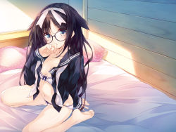 Rule 34 | 1girl, amami mikihiro, arm behind back, bad id, bad pixiv id, barefoot, bed, bed sheet, bedroom, black-framed eyewear, black hair, blue bow, blue eyes, bow, bow bra, bow panties, bra, breasts, closed mouth, collarbone, glasses, hair flaps, hair ribbon, hairband, hand up, highres, indoors, light smile, long hair, looking at viewer, navel, on bed, open clothes, original, panties, pillow, polka dot pillow, ribbon, school uniform, serafuku, shade, sitting, small breasts, smile, soles, solo, spread legs, thighs, underwear, very long hair, wallpaper, wariza, white bra, white panties, white ribbon