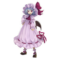 Rule 34 | 1girl, absurdres, ascot, bat wings, blue hair, blush, brooch, brown footwear, brown wings, dress, fang, full body, hair between eyes, hat, hat ribbon, highres, jewelry, long sleeves, mob cap, open mouth, pink dress, pink hat, pink socks, red ascot, red eyes, red ribbon, remilia scarlet, ribbon, shoes, short hair, simple background, skin fang, smile, socks, solo, touhou, usayoshi (touhopu2), white background, wings