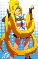 Rule 34 | 1girl, absurdly long hair, arc system works, blonde hair, blue eyes, dress, elbow gloves, fingerless gloves, gloves, guilty gear, guilty gear x, guilty gear xx, halftone, halftone background, headband, highres, holding up, long hair, millia rage, robaato, short dress, signature, solo, very long hair
