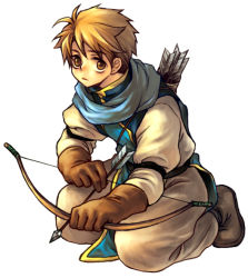 Rule 34 | 1boy, bow (weapon), brown eyes, brown hair, gensou suikoden, gensou suikoden i, gloves, kneeling, male focus, on one knee, pants, scarf, shoes, solo, ted, ted (suikoden), weapon, yukinell