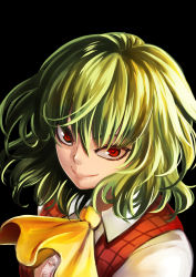 Rule 34 | 1girl, artist name, ascot, black background, collared shirt, commentary, eyelashes, green hair, highres, kaorihero, kazami yuuka, light, lips, looking at viewer, looking up, nose, plaid, plaid vest, red eyes, shirt, short hair, simple background, smile, solo, touhou, upper body, vest, wavy hair