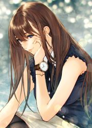 Rule 34 | 1girl, blue eyes, bow, bowtie, bracelet, breasts, brown hair, buttons, commentary request, hand on own chin, highres, jewelry, klasse14, lips, long hair, looking at viewer, makimura shunsuke, medium breasts, original, pantyhose, shiny skin, simple background, sitting, skirt, sleeveless, solo, watch, wristwatch