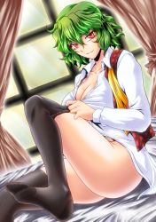 Rule 34 | 1girl, ascot, bad id, bad pixiv id, bed sheet, black thighhighs, bottomless, breasts, cleavage, curtains, dress shirt, dressing, dutch angle, feet, green hair, kazami yuuka, large breasts, legs, no shoes, ootsuki wataru, open clothes, plaid, plaid vest, red eyes, shirt, short hair, sitting, smirk, solo, thighhighs, touhou, untied, vest, window