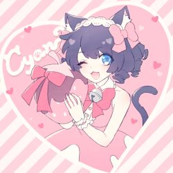Rule 34 | 1girl, animal ears, blue eyes, cat ears, cat girl, cat tail, cyan (show by rock!!), dress, heart, looking at viewer, mel6969, neck ribbon, one eye closed, open mouth, pink background, pink dress, purple hair, ribbon, short sleeves, show by rock!!, sleeveless, sleeveless dress, smile, solo, tail, wavy hair