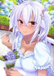 Rule 34 | 1girl, alternate costume, artist name, breasts, chair, cleavage, collarbone, dark-skinned female, dark skin, dated, dress, flower, food, frilled dress, frills, glasses, hair between eyes, highres, holding, holding spoon, hydrangea, jewelry, kantai collection, large breasts, long hair, looking at viewer, mashiro yukiya, musashi (kancolle), musashi kai ni (kancolle), outdoors, parfait, platinum blonde hair, puffy short sleeves, puffy sleeves, red eyes, ring, short sleeves, signature, sitting, smile, solo, spoon, table, twintails, two side up, very long hair, wedding band, white dress