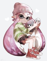 Rule 34 | 1girl, bare shoulders, beanie, black shorts, eyes visible through hair, full body, green shirt, grey eyes, hat, heart, highres, inkling, inkling girl, inkling player character, long hair, navel, nintendo, off-shoulder shirt, off shoulder, pink hair, pink hat, plum0o0, pointy ears, red footwear, shirt, shoelaces, shoes, shorts, sleeves past elbows, sneakers, solo, splatoon (series), striped clothes, striped shirt, suction cups, tentacle hair, very long hair