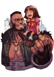 Rule 34 | 1boy, 1girl, :d, barret wallace, beard, child, cropped torso, dark-skinned male, dark skin, closed eyes, facial hair, father and daughter, final fantasy, final fantasy vii, full body, grin, hungry clicker, marlene wallace, medium hair, open mouth, pectorals, shoes, sitting on shoulder, smile, square enix, white legwear