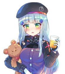 Rule 34 | 1girl, absurdres, beret, black hat, blue hair, blush, breasts, cup, drink, drinking glass, german flag, girls&#039; frontline, green eyes, hair ornament, hand up, hat, highres, hk416 (girls&#039; frontline), holding, holding cup, hugging object, jacket, kaoling, long hair, long sleeves, looking at viewer, parted lips, purple jacket, simple background, small breasts, solo, stuffed animal, stuffed toy, teddy bear, upper body, very long hair, white background