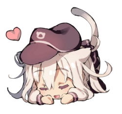 Rule 34 | 10s, 1girl, animal ears, black skirt, cat ears, cat tail, chibi, closed eyes, commentary request, flat cap, hair between eyes, hat, heart, hibiki (kancolle), kantai collection, kemonomimi mode, long hair, long sleeves, open mouth, pleated skirt, redcomet, school uniform, serafuku, silver hair, simple background, skirt, smile, solo, tail, top-down bottom-up, white background