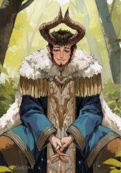 Rule 34 | 1boy, bare tree, body fur, brown hair, bush, character request, cleric, coat, curled horns, dungeons &amp; dragons, facial hair, feet out of frame, forest, fur coat, goat horns, goatee, half-closed eyes, highres, horns, long sideburns, long sleeves, looking at viewer, male focus, mature male, mole, mole under eye, mutton chops, nature, own hands clasped, own hands together, plant, pointy ears, robusta mania, royal robe, satyr, short hair, sideburns, sitting, smile, solo, tree
