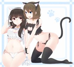 Rule 34 | 10s, 2girls, :d, alternate costume, animal ears, bare shoulders, bell, black gloves, black hair, black legwear, black panties, blue eyes, border, brown hair, cat cutout, cat ear panties, cat ears, cat lingerie, cat tail, choker, choukai (kancolle), cleavage cutout, closed mouth, clothing cutout, fake animal ears, fang, frills, glasses, gloves, hair ornament, hairband, hairclip, hand in own hair, hand on another&#039;s shoulder, highres, holding another&#039;s arm, jingle bell, kantai collection, kneeling, lace, long hair, looking at another, matching outfits, maya (kancolle), meme attire, multiple girls, navel, neck bell, no shoes, open mouth, panties, paw print, red eyes, rimless eyewear, short hair, side-tie panties, sitting, smile, stomach, strap slip, string panties, tail, thigh gap, thighhighs, underwear, underwear only, white background, white gloves, white panties, x hair ornament, yukichi (sukiyaki39)