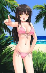 Rule 34 | 1girl, angry, aposine, beach, bikini, black hair, breasts, collarbone, long hair, lowres, navel, open mouth, outdoors, pink bikini, pointing, pointing at viewer, solo, swimsuit, tagme, yellow eyes