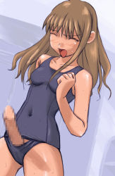 Rule 34 | 1girl, blue one-piece swimsuit, blush, breasts, brown hair, censored, erection, closed eyes, futanari, long hair, mosaic censoring, one-piece swimsuit, open mouth, penis, school swimsuit, school swimsuit flap, small breasts, solo, swimsuit, wet