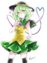 Rule 34 | 1girl, absurdres, adapted costume, arm behind back, artist name, black thighhighs, blush, capelet, collar, crack, diamond (shape), eyebrows, frilled collar, frills, green eyes, green hair, green skirt, hand up, hat, head tilt, heart, highres, komeiji koishi, looking at viewer, matching hair/eyes, pointing, rosette (roze-ko), shirt, short hair, simple background, sketch, skirt, sleeveless, smile, solo, thighhighs, third eye, touhou, wavy hair, white background, yellow shirt