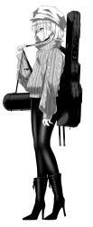 Rule 34 | 1girl, absurdres, black pants, blush, closed mouth, from side, full body, greyscale, hat, highres, instrument case, long sleeves, monochrome, original, pants, puffy sleeves, rur (ml ruru), short hair, sidelocks, simple background, strap pull, sweater, tight clothes, tight pants, turtleneck, turtleneck sweater, white background