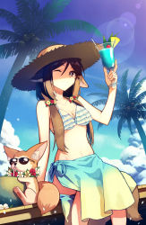 Rule 34 | 1girl, alternate costume, animal, animal ears, arknights, blue eyes, breasts, brown hair, cleavage, clothes around waist, cloud, cloudy sky, commentary, cup, dock, drink, feet out of frame, fennec fox, flower, food, fox, fox ears, fox girl, fox tail, fruit, hair flower, hair ornament, hand up, hat, highres, holding, holding cup, lens flare, long hair, looking at viewer, low twintails, medium breasts, melon, midriff, navel, one eye closed, palm tree, perfumer (arknights), shirt, shirt around waist, sitting, sky, smile, soaking feet, sora e no tobira, sun hat, sunglasses, swimsuit, tail, tree, twintails, water