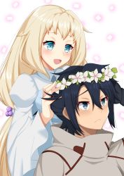 Rule 34 | 1boy, 1girl, :d, arm up, black gloves, black hair, blonde hair, blue eyes, blush, closed mouth, commentary request, dress, eve (gundam build divers re:rise), flower, flower wreath, gloves, grey jacket, gundam, gundam build divers, gundam build divers re:rise, hair between eyes, hand up, head wreath, high collar, hiroto (gundam build divers re:rise), iseshi, jacket, juliet sleeves, kuga hiroto, long hair, long sleeves, open mouth, puffy sleeves, smile, upper body, very long hair, white dress, white flower, wide sleeves
