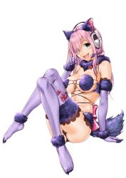 Rule 34 | 1girl, :3, :d, animal ears, arm support, blue eyes, breasts, cleavage, cosplay, covered erect nipples, elbow gloves, fang, fate/grand order, fate (series), full body, fur trim, ganari ryuu, gloves, hair over one eye, headset, highres, lace, lace-trimmed gloves, lace-trimmed legwear, lace trim, large breasts, leaning back, long hair, mash kyrielight, mash kyrielight (dangerous beast), mash kyrielight (dangerous beast) (cosplay), o-ring, o-ring top, official alternate costume, open mouth, original, paw pose, pink hair, purple gloves, purple thighhighs, simple background, smile, solo, super tama musume, tail, tamatoys, thighhighs, white background, wolf ears, wolf tail