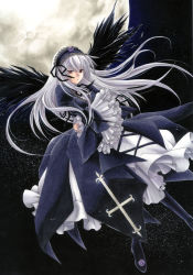 Rule 34 | 00s, 1girl, bad id, bad pixiv id, blue dress, dress, flower, frilled dress, frilled sleeves, frills, hairband, headdress, long hair, long sleeves, moon, red eyes, rozen maiden, silver hair, solo, space, star (symbol), suigintou, trimcolor, wide sleeves, wings