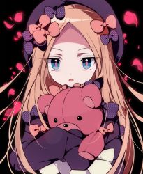 Rule 34 | 1girl, abigail williams (fate), black background, black bow, black dress, black hat, blonde hair, blue eyes, bow, bug, butterfly, commentary request, dress, fate/grand order, fate (series), hair bow, hands in opposite sleeves, hat, hugging object, insect, long hair, long sleeves, looking at viewer, orange bow, parted bangs, parted lips, petals, polka dot, polka dot bow, solo, stuffed animal, stuffed toy, teddy bear, v-shaped eyebrows, very long hair