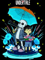 Rule 34 | 1boy, 1other, :o, = =, absurdres, androgynous, black background, black hair, black sclera, black shorts, blue flower, blue jacket, brown footwear, cel shading, child, closed eyes, colored sclera, commentary, copyright name, drawstring, facepaint, flower, frisk (undertale), full body, grass, grin, hand in pocket, highres, holding, holding flower, holding umbrella, hood, hood down, hooded jacket, jacket, kamezaemon, light particles, looking up, mushroom, open mouth, outdoors, pink footwear, romper, sans, shirt, shoes, short hair, shorts, simple background, skeleton, slippers, smile, socks, standing, telescope, umbrella, undertale, white eyes, white shirt, white socks