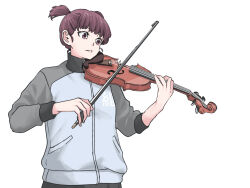 Rule 34 | 1girl, bow (music), girls und panzer, highres, holding, holding instrument, holding violin, instrument, jacket, mikko (girls und panzer), music, parted lips, playing instrument, red eyes, red hair, short hair, short twintails, simple background, skrmtl, solo, track jacket, twintails, upper body, violin, white background