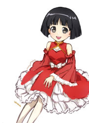 Rule 34 | 1girl, :d, artist name, bare shoulders, black eyes, black hair, blunt bangs, bob cut, china dress, chinese clothes, cleavage cutout, clothing cutout, commentary, detached sleeves, dress, frilled dress, frills, girls und panzer, gothic lolita, lolita fashion, long sleeves, looking at viewer, open mouth, red dress, short hair, signature, simple background, sitting, smile, solo, sono midoriko, teeth, upper teeth only, white background, wide sleeves, yu sakurai06