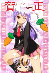 Rule 34 | 10s, 2011, 2girls, :q, animal ears, bad id, bad pixiv id, black hair, black socks, blazer, carrot, female focus, inaba tewi, jacket, kneehighs, long hair, multiple girls, necktie, new year, one eye closed, purple hair, rabbit ears, red necktie, red theme, reisen udongein inaba, short hair, skirt, socks, tongue, tongue out, touhou, umekichi