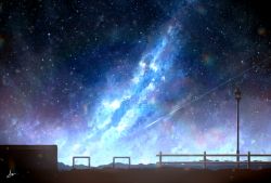 Rule 34 | alu.m (alpcmas), commentary request, fence, lamppost, milky way, night, night sky, no humans, original, outdoors, scenery, shooting star, signature, sky, star (sky), starry sky